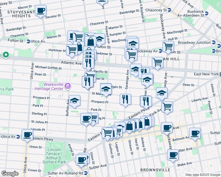 map of restaurants, bars, coffee shops, grocery stores, and more near 1894 Bergen Street in Brooklyn