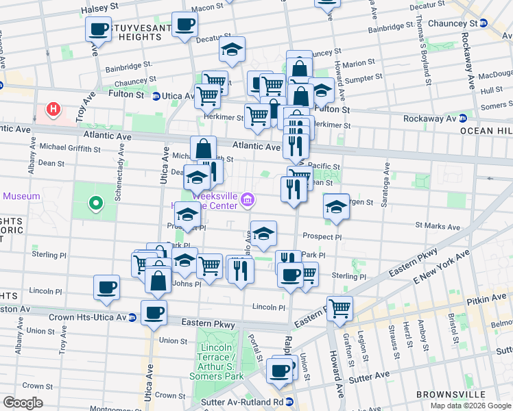 map of restaurants, bars, coffee shops, grocery stores, and more near 153 Buffalo Avenue in Brooklyn