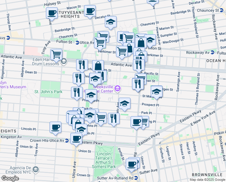 map of restaurants, bars, coffee shops, grocery stores, and more near 1291 Saint Marks Avenue in Brooklyn