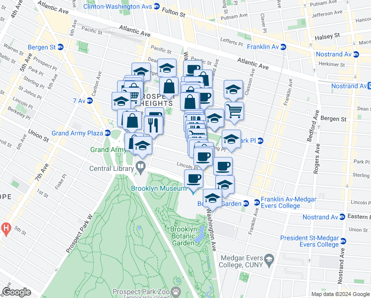 map of restaurants, bars, coffee shops, grocery stores, and more near 388 Saint Johns Place in Brooklyn