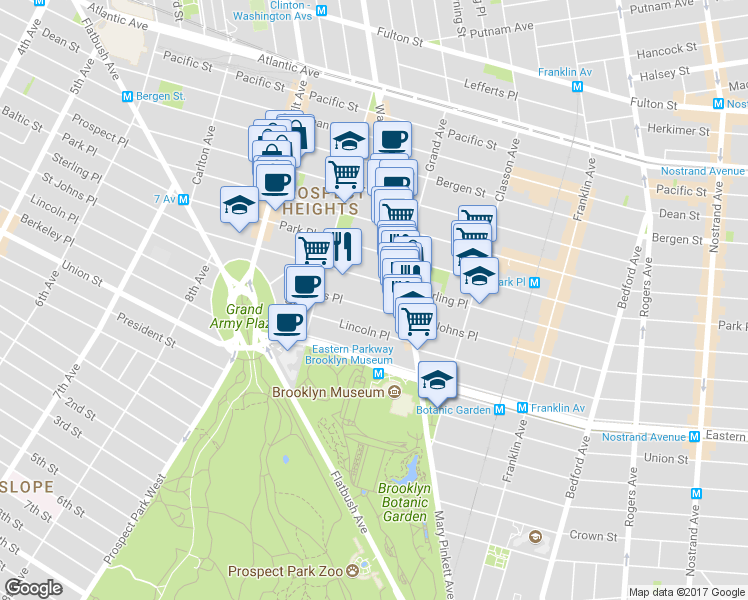 map of restaurants, bars, coffee shops, grocery stores, and more near 388 Saint Johns Place in Brooklyn