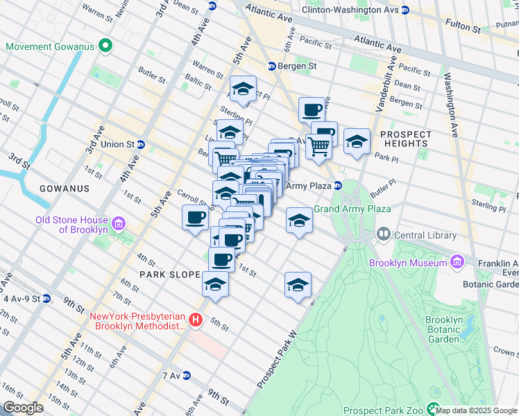 map of restaurants, bars, coffee shops, grocery stores, and more near 109 7th Avenue in Brooklyn