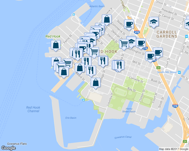 map of restaurants, bars, coffee shops, grocery stores, and more near 163 Dwight Street in Brooklyn