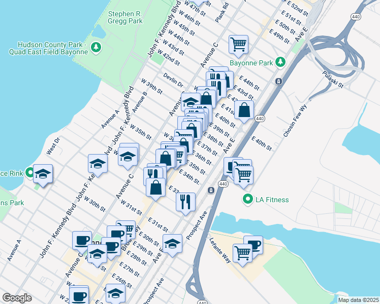 map of restaurants, bars, coffee shops, grocery stores, and more near 12 East 36th Street in Bayonne
