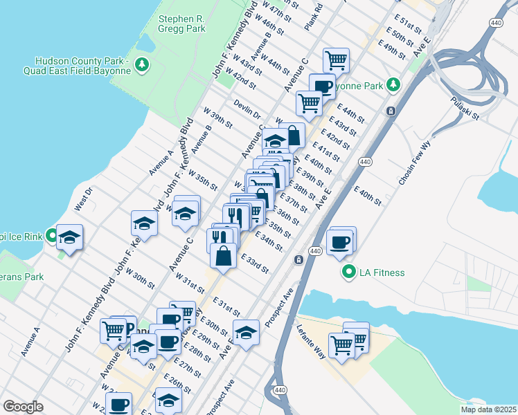 map of restaurants, bars, coffee shops, grocery stores, and more near 12 West 35th Street in Bayonne