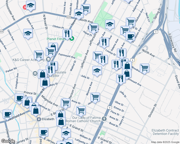 map of restaurants, bars, coffee shops, grocery stores, and more near 563 Madison Avenue in Elizabeth