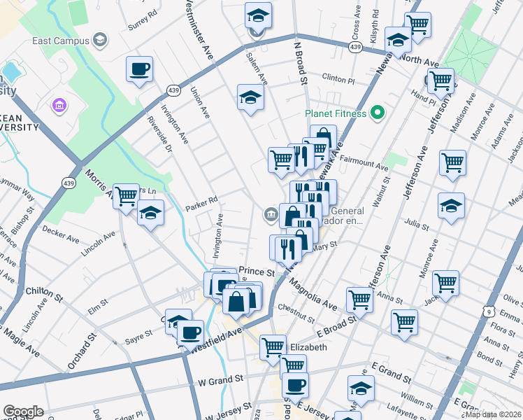 map of restaurants, bars, coffee shops, grocery stores, and more near 474 Union Avenue in Elizabeth