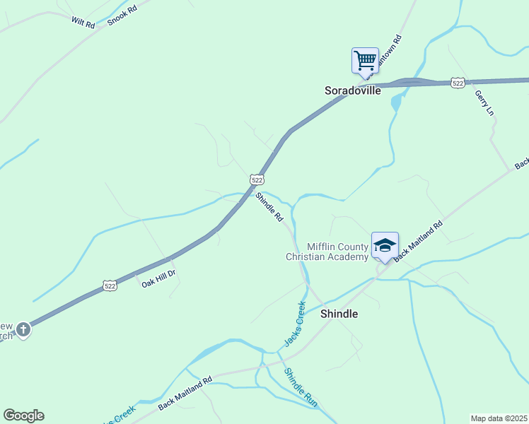 map of restaurants, bars, coffee shops, grocery stores, and more near 206 Shindle Road in McClure