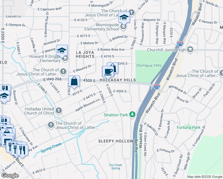 map of restaurants, bars, coffee shops, grocery stores, and more near 2955 East 4505 South in Holladay