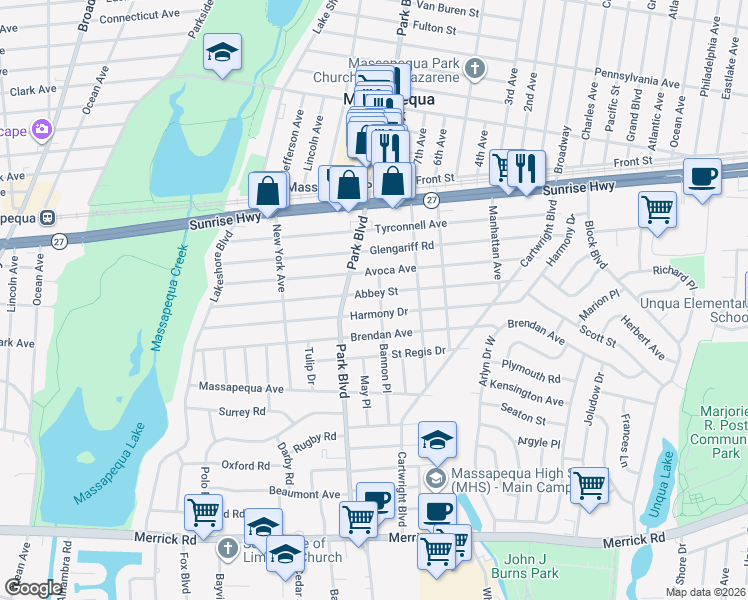 map of restaurants, bars, coffee shops, grocery stores, and more near 115 Harmony Drive in Massapequa Park