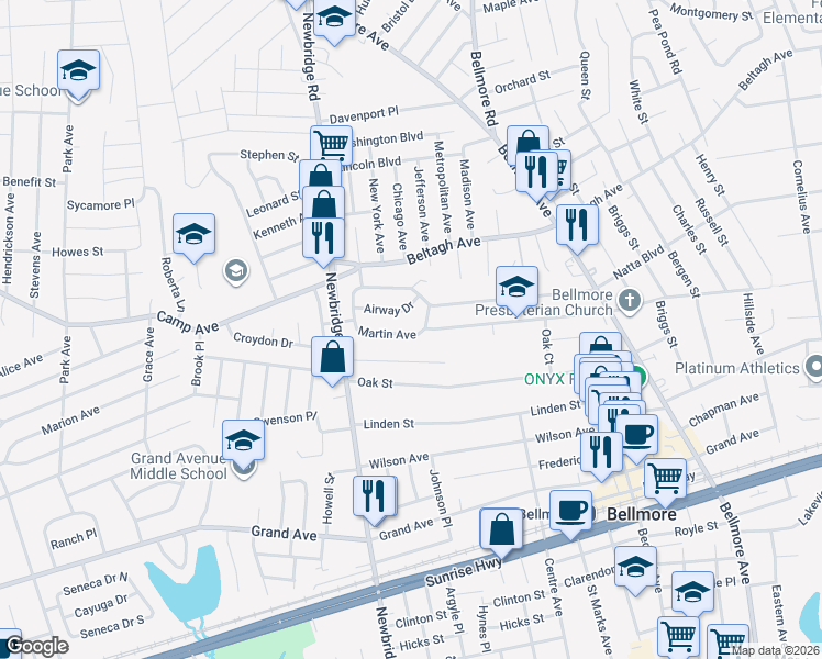 map of restaurants, bars, coffee shops, grocery stores, and more near 2500 Martin Avenue in Bellmore