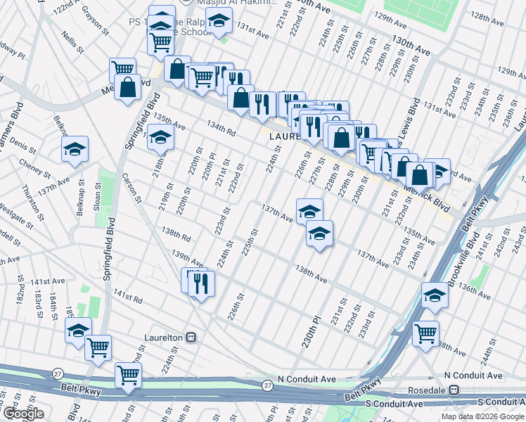 map of restaurants, bars, coffee shops, grocery stores, and more near 137-12 225th Street in Queens