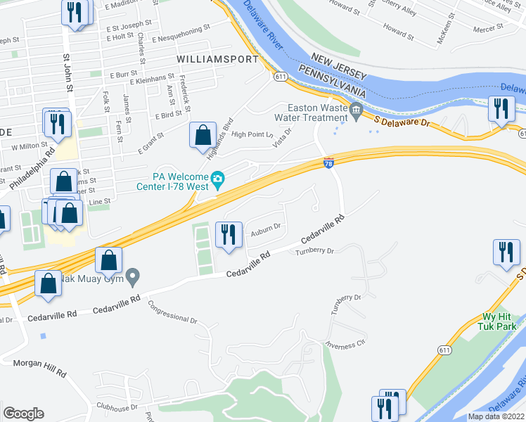 map of restaurants, bars, coffee shops, grocery stores, and more near 332 Cedar Park Boulevard in Easton