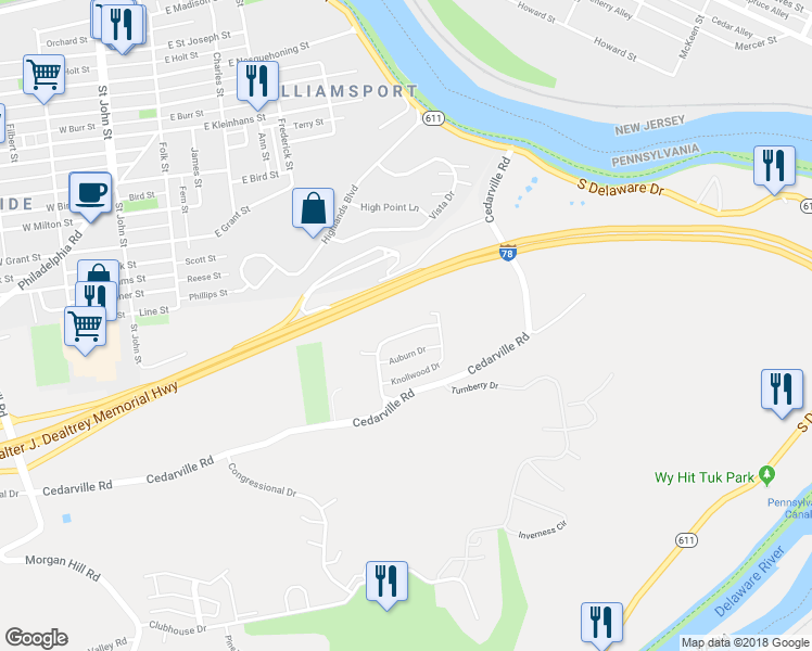 map of restaurants, bars, coffee shops, grocery stores, and more near 301 Cedar Park Boulevard in Easton