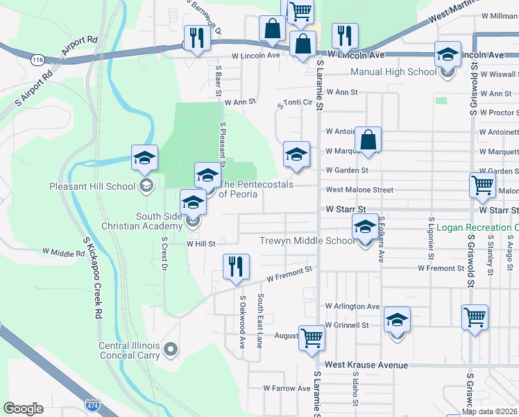 map of restaurants, bars, coffee shops, grocery stores, and more near 3303 West Starr Street in Peoria