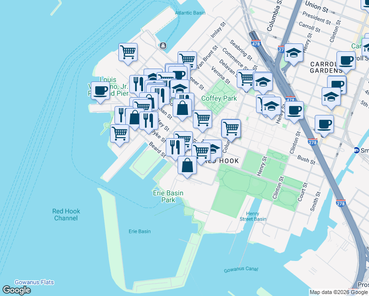 map of restaurants, bars, coffee shops, grocery stores, and more near 163 Dwight Street in Brooklyn