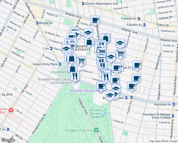 map of restaurants, bars, coffee shops, grocery stores, and more near 388 Saint Johns Place in Brooklyn
