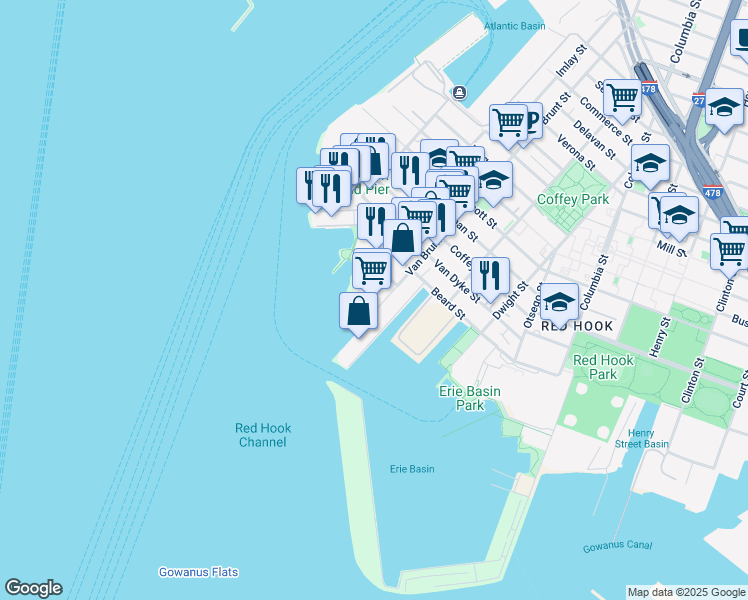 map of restaurants, bars, coffee shops, grocery stores, and more near 480 Van Brunt Street in Brooklyn