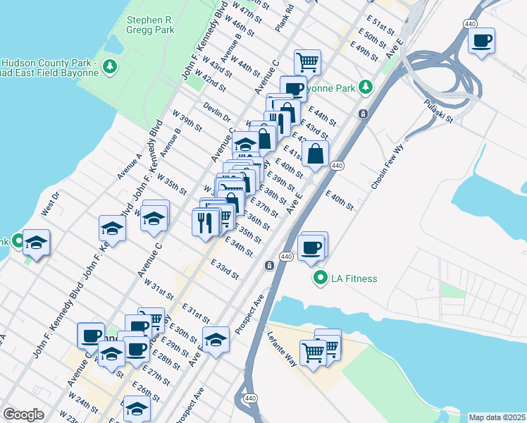 map of restaurants, bars, coffee shops, grocery stores, and more near 30 East 37th Street in Bayonne