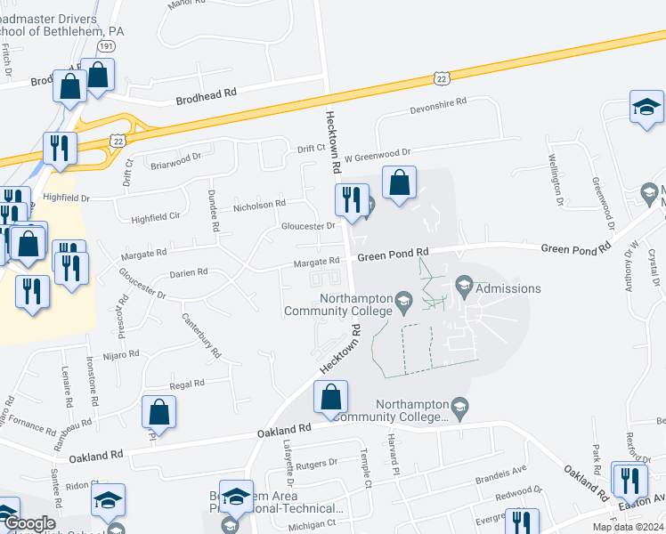 map of restaurants, bars, coffee shops, grocery stores, and more near 3709 Amherst Court in Bethlehem