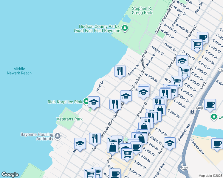 map of restaurants, bars, coffee shops, grocery stores, and more near 735 Avenue A in Bayonne