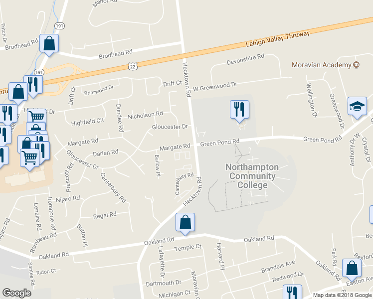 map of restaurants, bars, coffee shops, grocery stores, and more near 3709 Amherst Court in Bethlehem