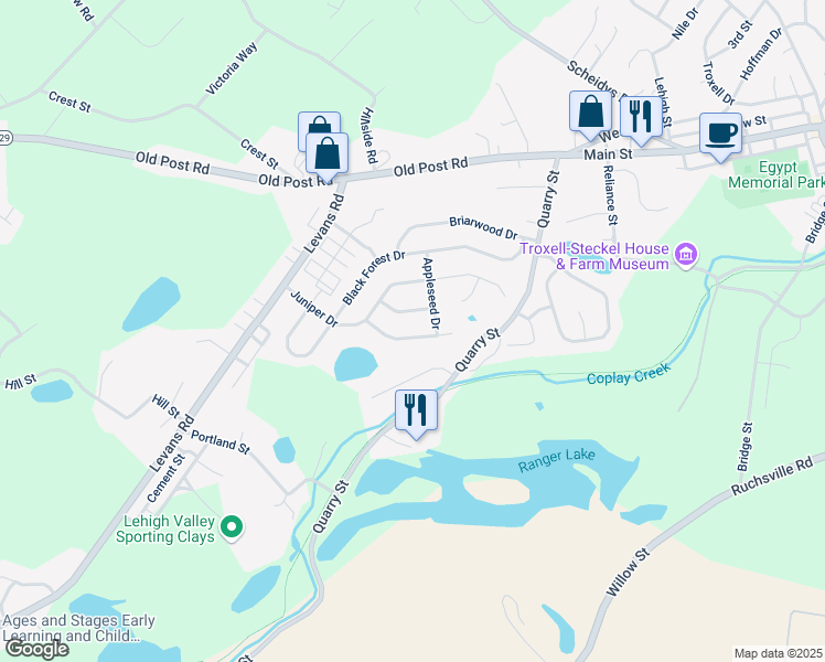 map of restaurants, bars, coffee shops, grocery stores, and more near 2317 Red Maple Drive in Coplay