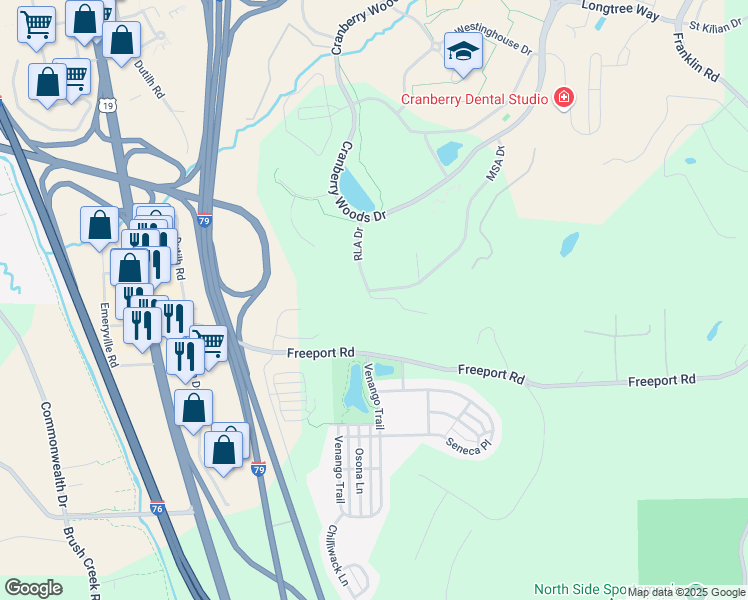 map of restaurants, bars, coffee shops, grocery stores, and more near 850 Cranberry Woods Drive in Cranberry Township