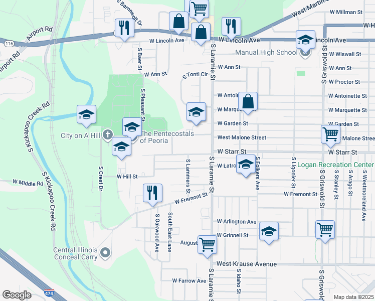 map of restaurants, bars, coffee shops, grocery stores, and more near 3203 West Starr Street in Peoria