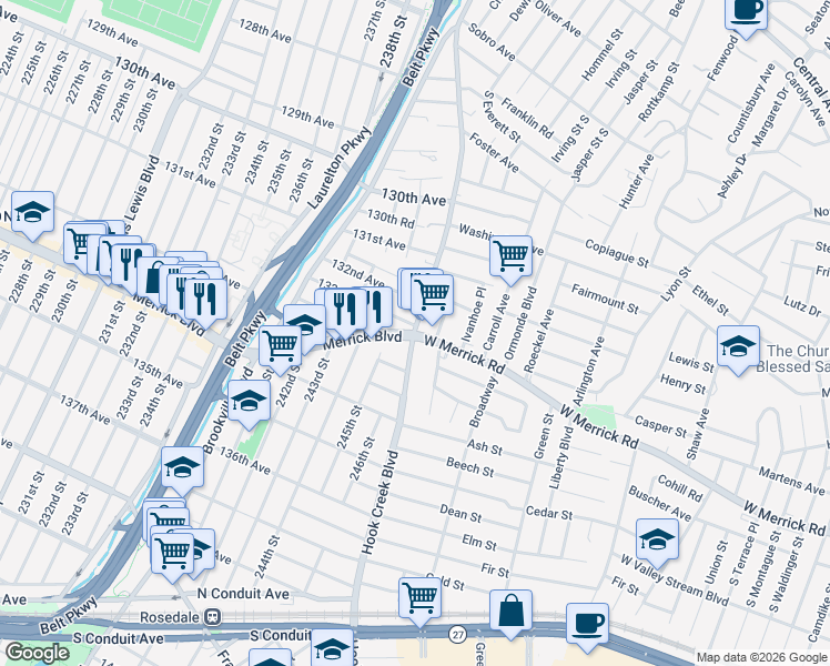 map of restaurants, bars, coffee shops, grocery stores, and more near 1 Ocean Avenue in Queens