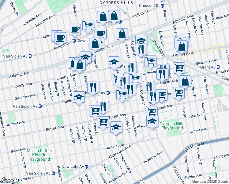 map of restaurants, bars, coffee shops, grocery stores, and more near Pitkin Avenue in New York