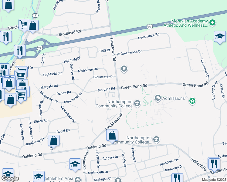 map of restaurants, bars, coffee shops, grocery stores, and more near 3710 Amherst Court in Bethlehem