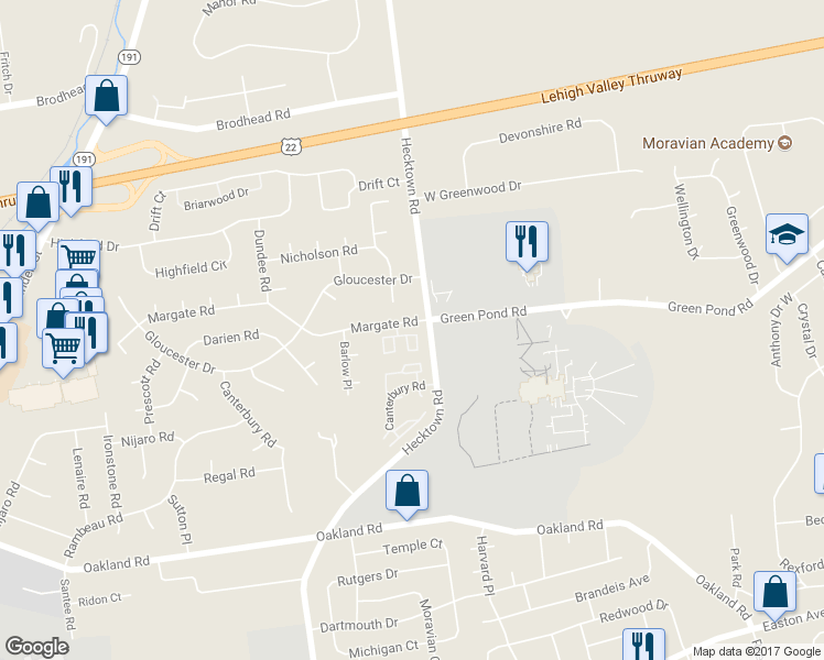 map of restaurants, bars, coffee shops, grocery stores, and more near 3710 Amherst Court in Bethlehem