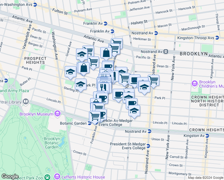 map of restaurants, bars, coffee shops, grocery stores, and more near 659 Park Place in Brooklyn
