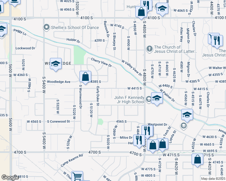 map of restaurants, bars, coffee shops, grocery stores, and more near 4989 West Cherrywood Lane in West Valley City