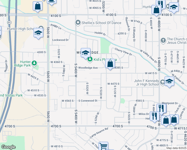map of restaurants, bars, coffee shops, grocery stores, and more near 5269 West Cherrywood Lane in West Valley City