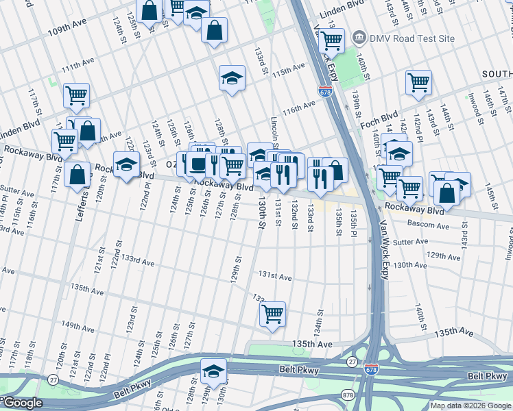 map of restaurants, bars, coffee shops, grocery stores, and more near 128-30 Gotham Road in Queens