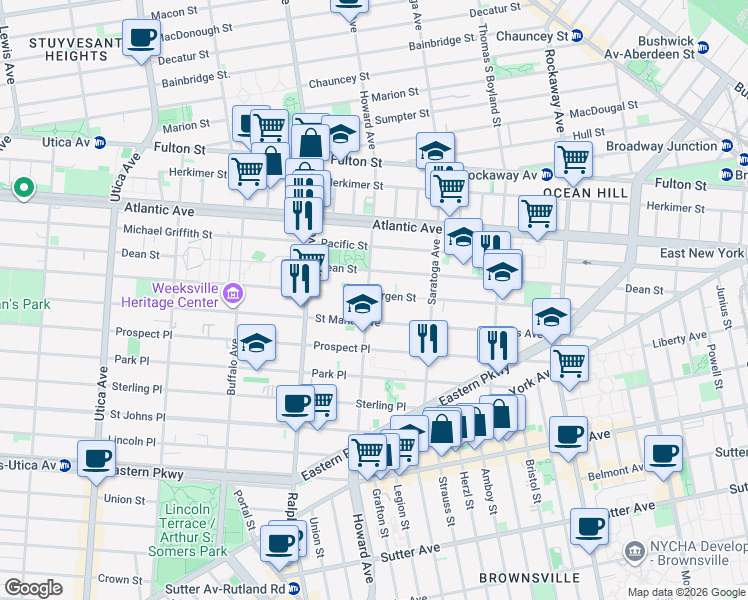 map of restaurants, bars, coffee shops, grocery stores, and more near 1876 Bergen Street in Brooklyn