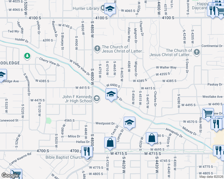 map of restaurants, bars, coffee shops, grocery stores, and more near 4692 West Palmer Drive in West Valley City