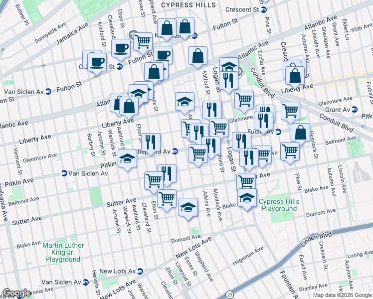 map of restaurants, bars, coffee shops, grocery stores, and more near Pitkin Avenue in New York