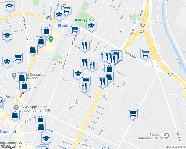map of restaurants, bars, coffee shops, grocery stores, and more near Jackson Avenue & Fairmount Avenue in Elizabeth
