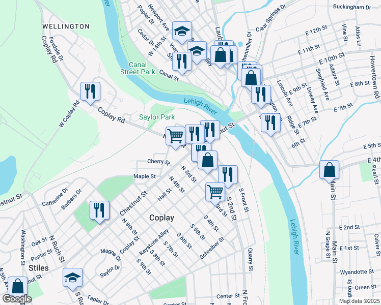 map of restaurants, bars, coffee shops, grocery stores, and more near Chestnut St & N 2nd St in Coplay