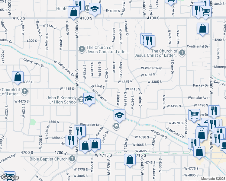 map of restaurants, bars, coffee shops, grocery stores, and more near 4417 Jills Place in West Valley City