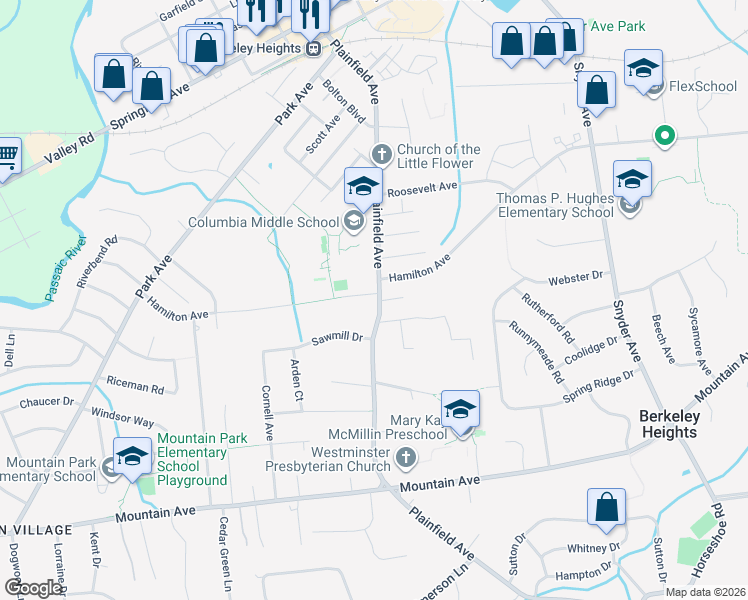 map of restaurants, bars, coffee shops, grocery stores, and more near 419 Plainfield Avenue in Berkeley Heights