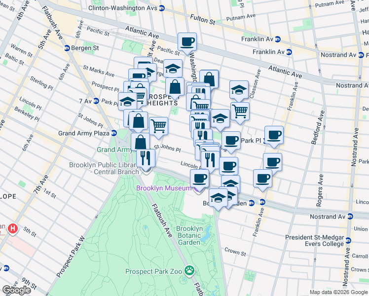 map of restaurants, bars, coffee shops, grocery stores, and more near 395 Saint Johns Place in Brooklyn