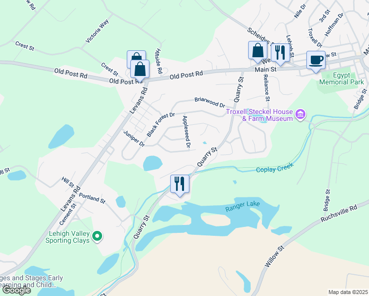 map of restaurants, bars, coffee shops, grocery stores, and more near 2293 Red Maple Drive in Coplay