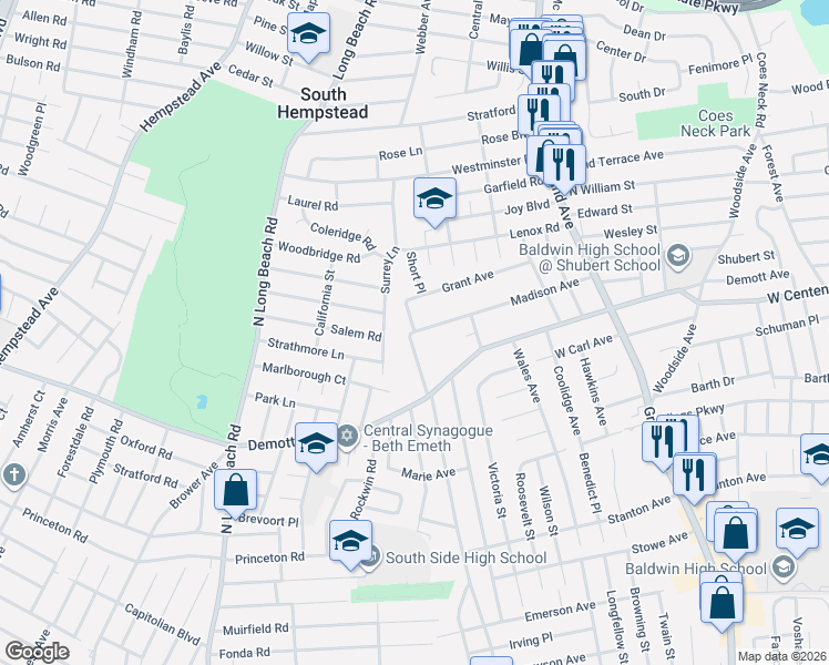 map of restaurants, bars, coffee shops, grocery stores, and more near Madison Ave & Dartmouth St in Baldwin