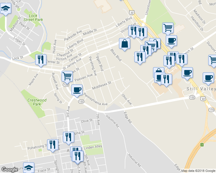 map of restaurants, bars, coffee shops, grocery stores, and more near 403 Liggett Boulevard in Phillipsburg