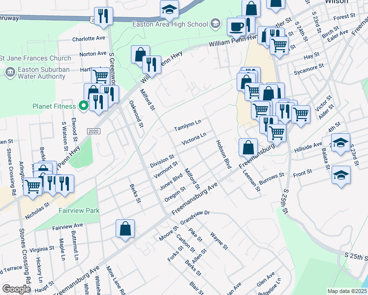 map of restaurants, bars, coffee shops, grocery stores, and more near 2756 Victoria Lane in Easton
