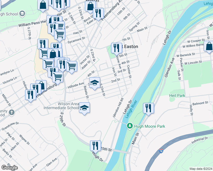 map of restaurants, bars, coffee shops, grocery stores, and more near 2246 2nd Street in Easton